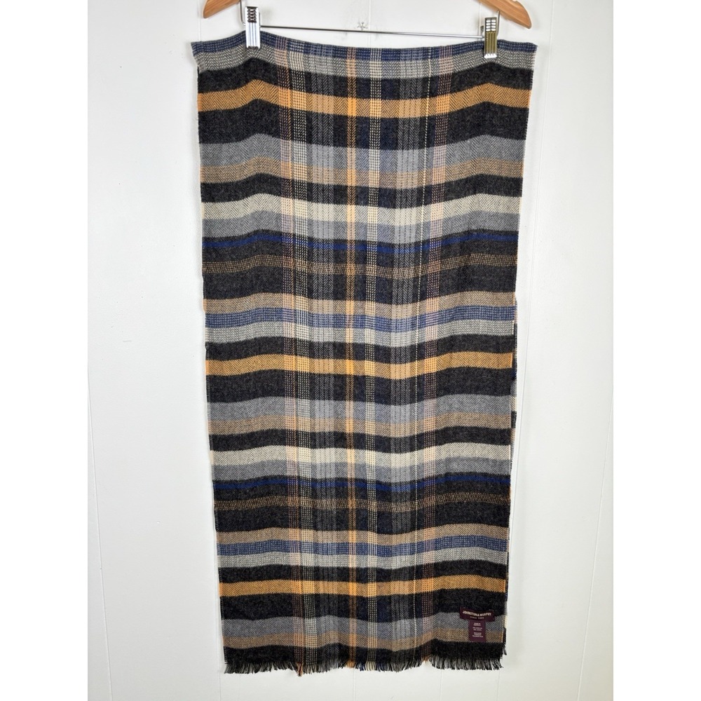 Johnston & Murphy Men's Gray Gold Plaid Wool Blend Scarf 37"x18" Fringed Germany
